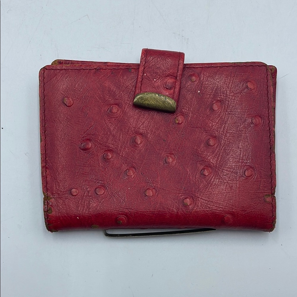 Red ostrich grain hide Textured Women's Wallet bi-fold leather vintage